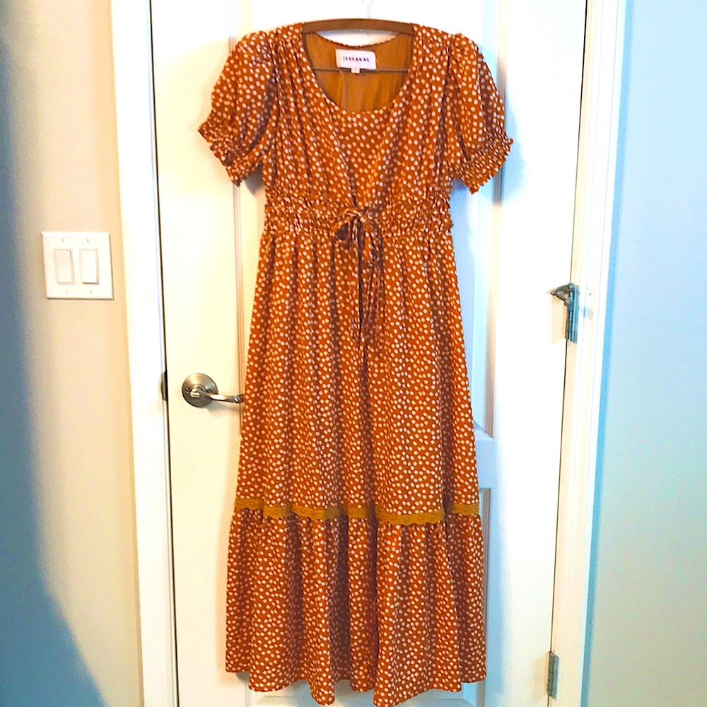 Jessakae Ochre Mustard Floral Tiered Maxi Dress S
